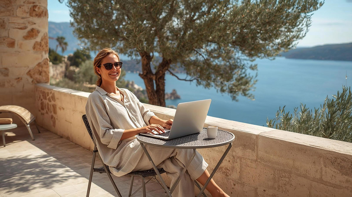 Femme d’affaire travaillant sur son ordinateur portable sur la terrasse de sa villa sur la Côte d’Azur, avec un cafe et une vue sur la mer, la propriétaire profite de sa liberté grâce à la conciergerie haut de gamme Sur la mer qui prend en charge la location saisonnière et gère son investissement immobilier. 