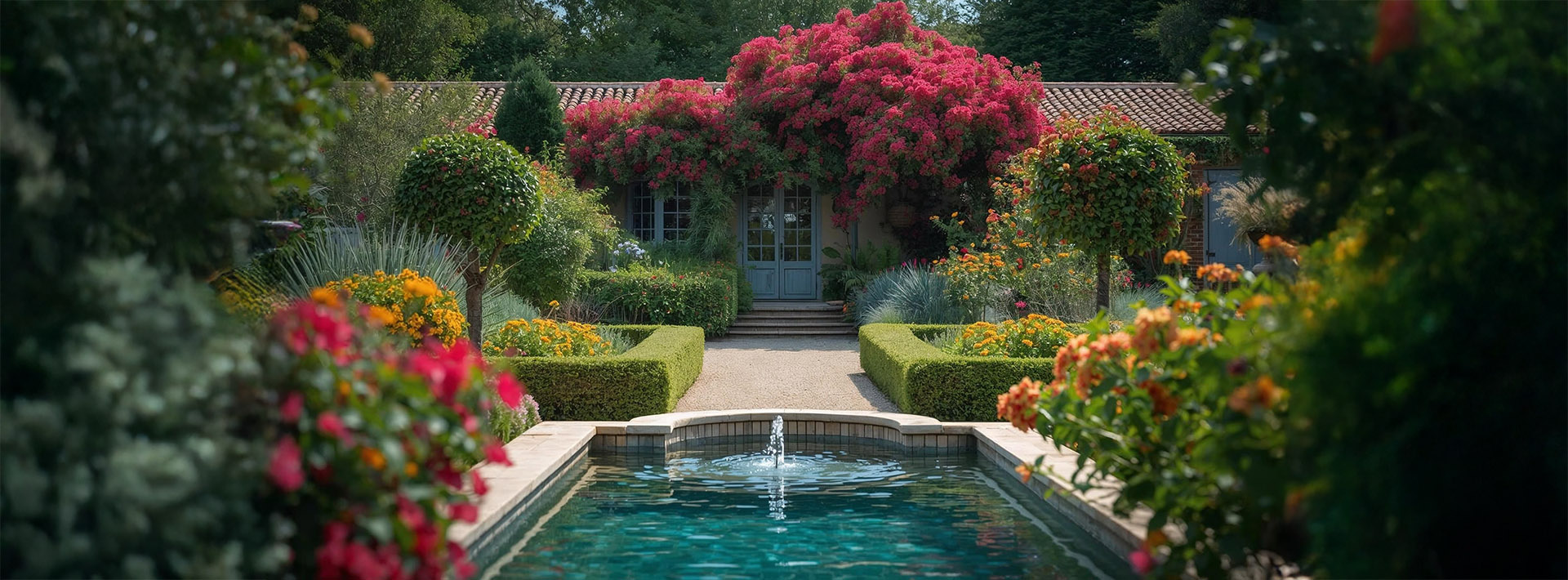 Jardin méditerranéen entretenu sur la Côte d’Azur avec allée, massifs fleuris et fontaine.