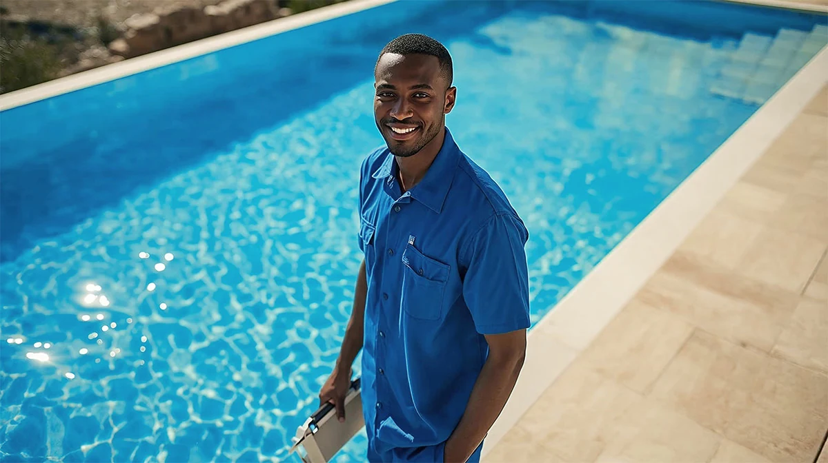 Technicien de piscine professionnel effectuant l’entretien et la maintenance d’une piscine privée dans une villa sur la Côte d’Azur, service de nettoyage et pool service pour propriétés et résidences secondaires.