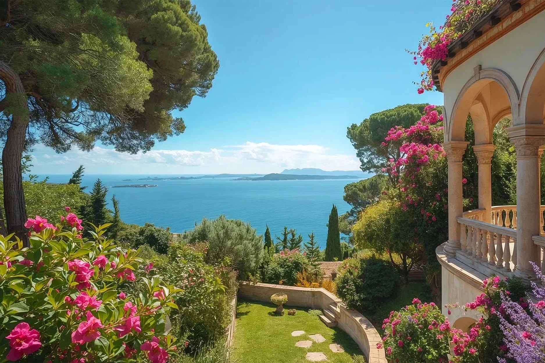Vue panoramique sur la mer et les villas de prestige sur la Côte d’Azur – Sur la mer, agence franco-allemande de locations haut de gamme