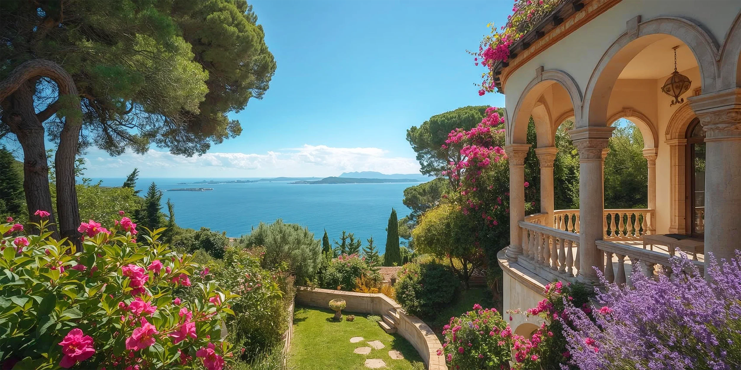 Jardin méditerranéen entretenu sur la Côte d’Azur avec allée, massifs fleuris et fontaine.