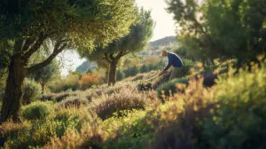 Débroussaillage et dégagement du terrain dans un jardin méditerranéen sur la Côte d’Azur.