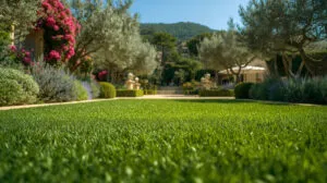 Pelouse soignée et aménagement paysager haut de gamme sur la Côte d’Azur.