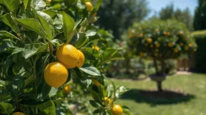 Arbres fruitiers et haies taillées dans un jardin méditerranéen sur la Côte d’Azur.