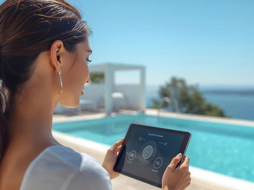 Gestion intelligente de piscine dans une villa de luxe sur la Côte d’Azur, contrôle numérique de l’entretien et de la maintenance de piscine pour résidences secondaires et propriétés haut de gamme.