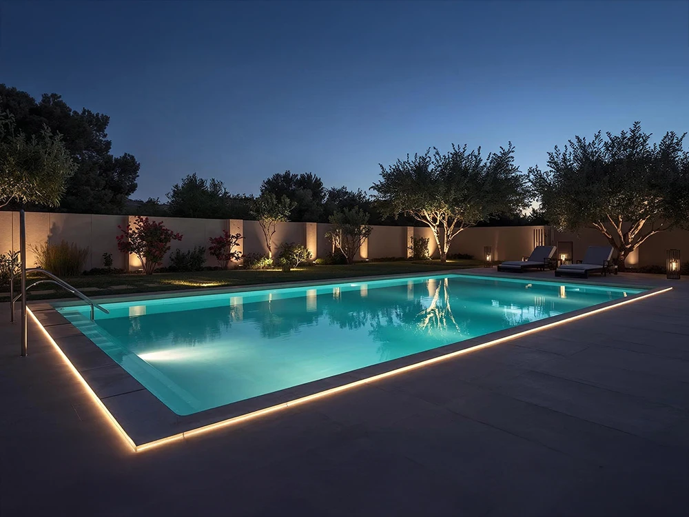 Piscine privée éclairée en soirée dans une propriété de luxe sur la Côte d’Azur, exemple d’entretien de piscine, maintenance et service piscine pour villas et résidences secondaires.