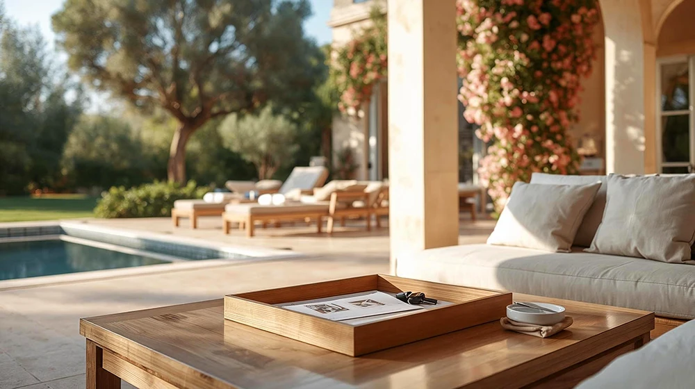 Terrasse élégante avec du mobilier et une piscine haut de gamme dans une villa de la Côte d’Azur,entretenue par la conciergerie Sur la mer, une conciergerie prestigieuse de gestion locative et entretien immobilier pour les propriétaires. 